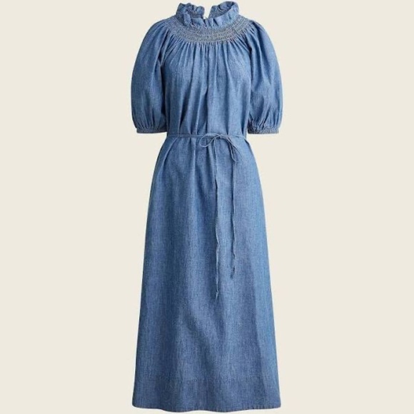 NWT J. Crew Smocked-Neck Puff-Sleeve Chambray Midi Dress - Size M - Picture 3 of 5